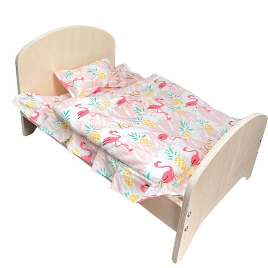 Toy Mini Me Ltd | Wooden Doll Bed + Bedding Set (Flamingo)